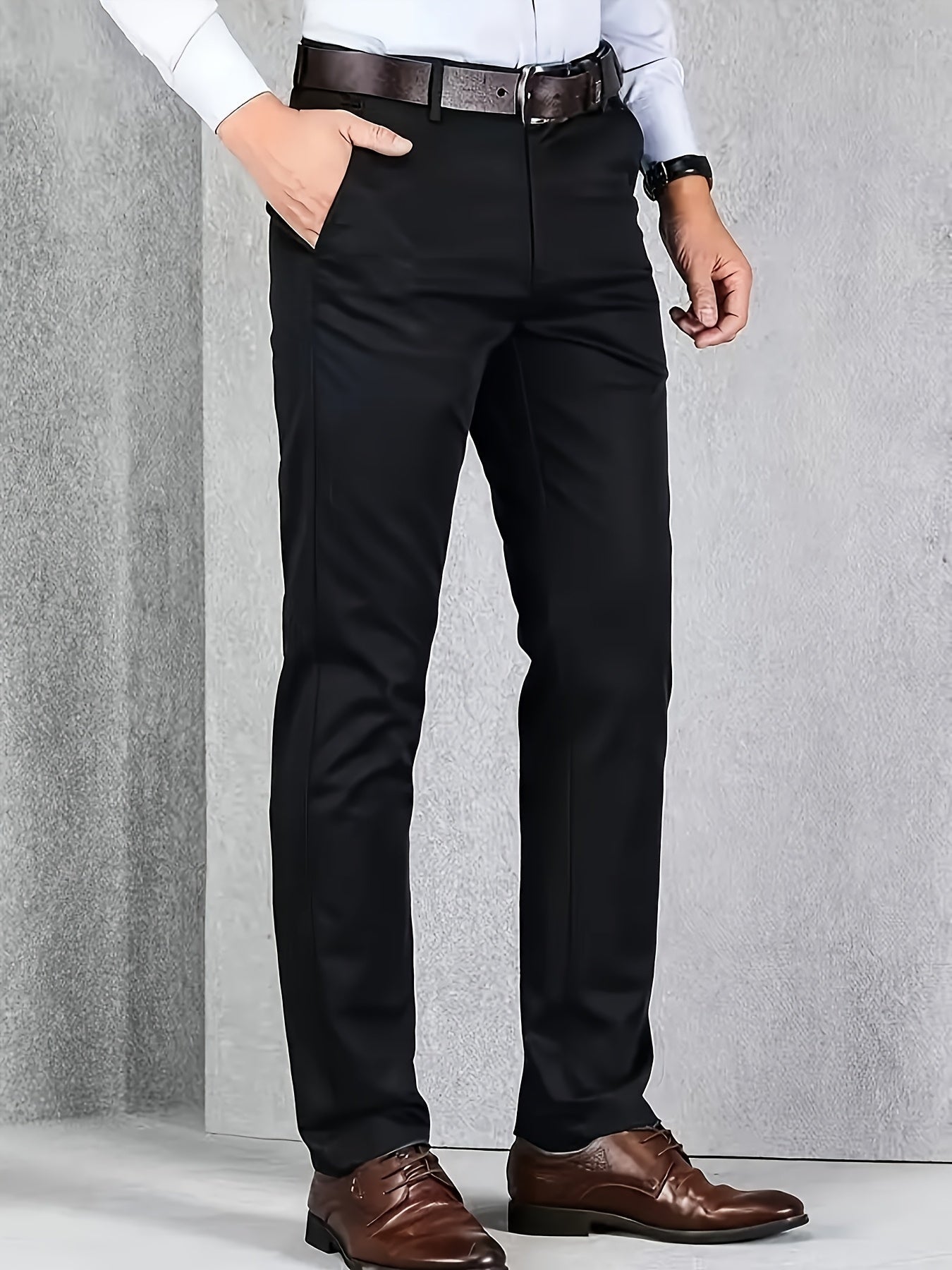 [Durable Build] Men's All-Season Casual Dress Pants - Business Style Stretch Trousers, Comfortable Classic Design, Light Brown Polyester Blend, Machine Washable, Smooth Finish, Regular Fit for Office or Leisure Wear