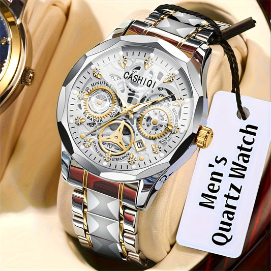 CASHIQI Brand Men'S Steel Strap Quartz Watch with Rhombus Dial, Sparkling Decoration, Calendar, And Luminous Display, IPX7 Waterproof Hollow Quartz Watch for Business, Travel, And Casual Wear - A Perfect Gift Choice.