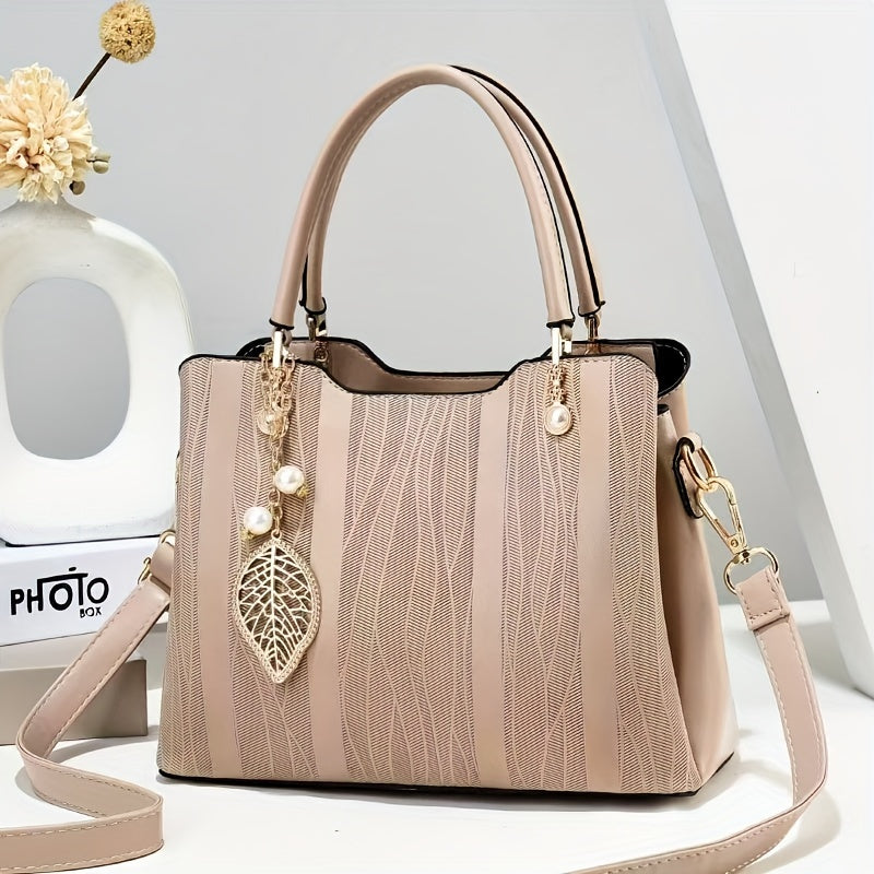 Elegant Light Blue & White Braided Handbag with Adjustable Strap, Golden-Tone Hardware, And Floral Accents - Large Capacity, Versatile Shoulder Or Handbag for Women - Perfect Gift for Mom Or Family, Stylish Accessory, Polyest