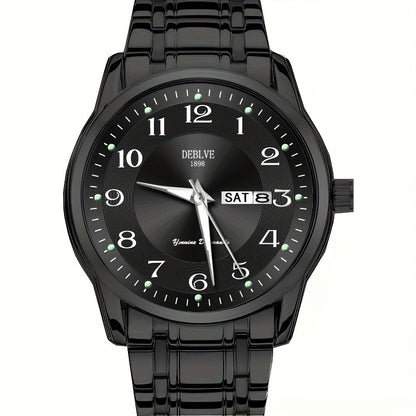 DEBLVE Men'S Fashionable Stainless Steel Watch with Luminous Numbers, Calendar & Week Display - Quartz Movement, Business Style, Ideal for Travel & Daily Use