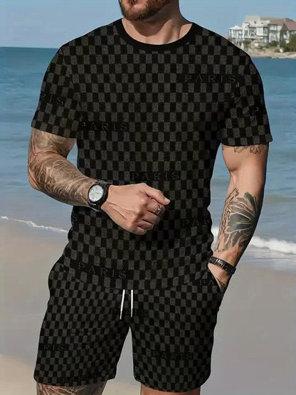 2pcs Men's Summer Casual Outfit: Ink Splash & Checkered Pattern Short Sleeve T-Shirt and Drawstring Shorts Set - Lightweight Polyester, Machine Washable, Ideal for Beach & Casual Attire