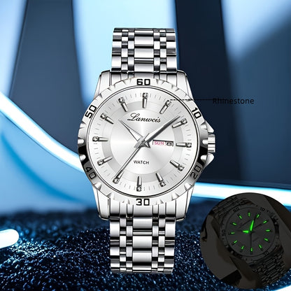 1pc Men's Business Style Stainless Steel Strap Watch - IPX7 Waterproof, Luminous Hands & Dial, Calendar & Week Display, Quartz Movement, Travel Leisure Sports Watch with Gift Box, Luxury Wristwatch | Sleek Metallic Finish | D