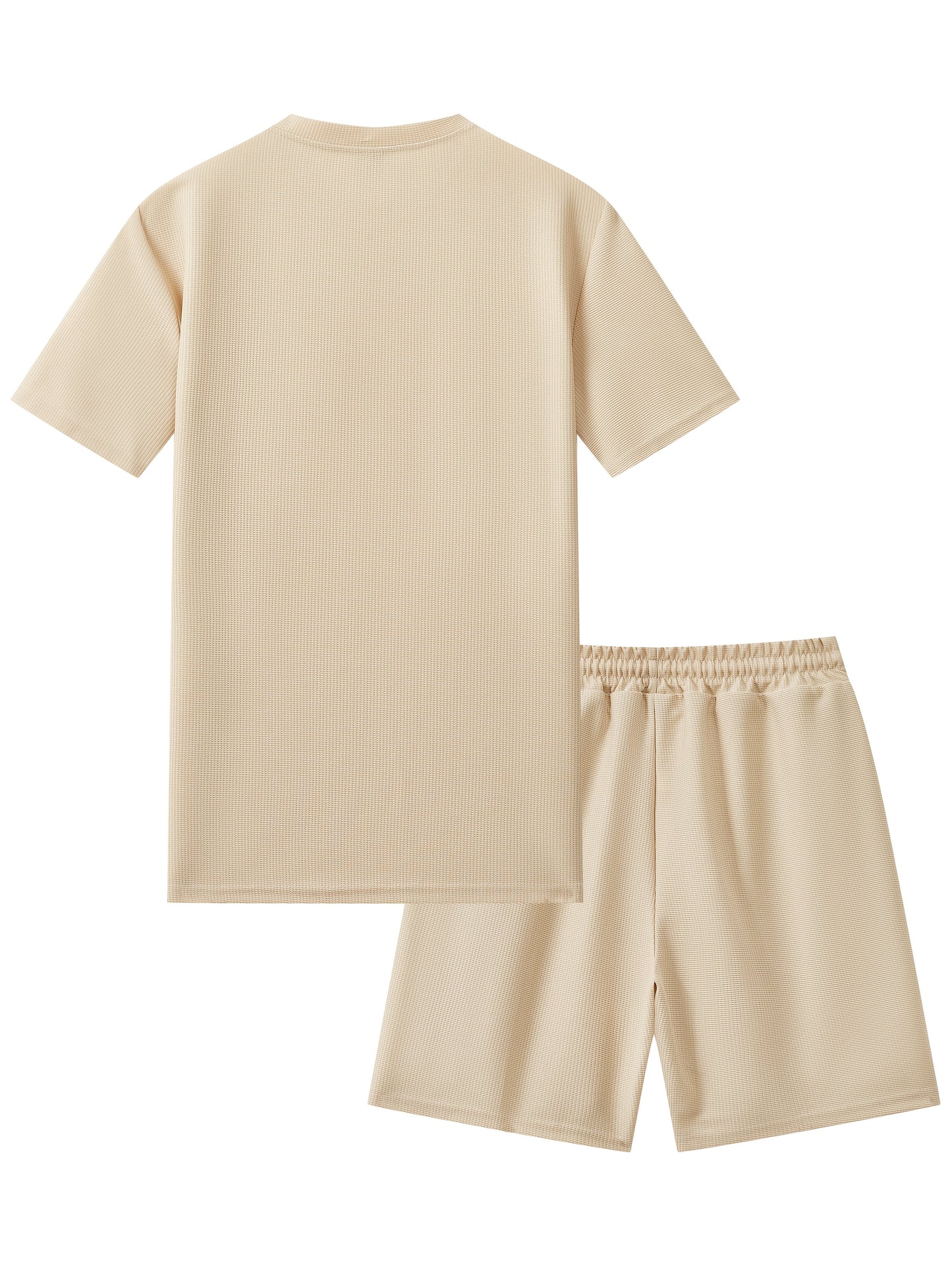 Men's Waffle Round Neck Top with Label, Short Sleeve T-shirt and Drawstring Shorts for Clean and Comfortable Spring/Summer Wear
