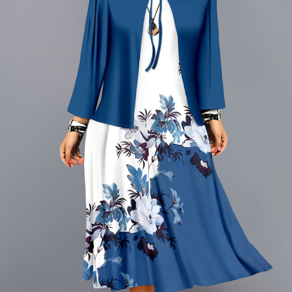 Fashion Women's solid color small cardigan and floral print patchwork dress two-piece set