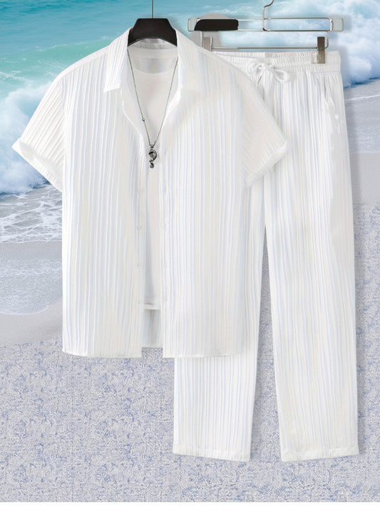 2-piece Men's Stylish Spring Summer Vacation Outfit Set, Men's Ruffled Short Sleeve Lapel Shirt & Drawstring Long Pants Set