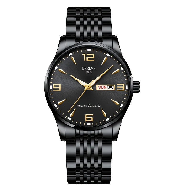 DEBLVE Men's Sleek Business Watch - Ultra-Thin Alloy, Luminous Hands, Calendar & Week Display, Waterproof, Sporty Steel Strap with Secure Clasp