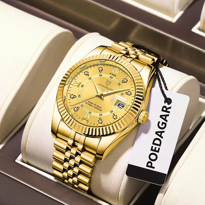 POEDAGAR Luxury Men'S Quartz Watch - Waterproof, Luminous, Stainless Steel Band, Blue & Golden Accents, Date & Week Display, Casual Elegant Timepiece with Backpack Clasp