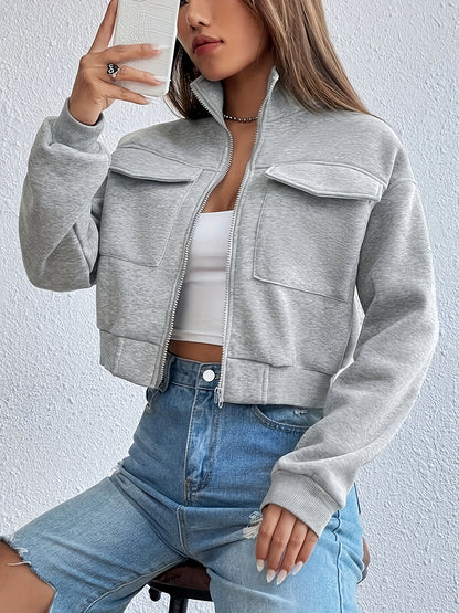 Zip Front Flap Pockets Jacket, Casual Turtleneck Crop Jacket For Fall, Women's Clothing