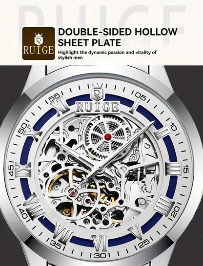 Dianpai Men'S Luxury Automatic Mechanical Watch - Skeleton Design, Stainless Steel Strap, Blue & White Dial, Mechanical Movement, Ideal for Christmas, Thanksgiving, and Spring Festival, Without Battery