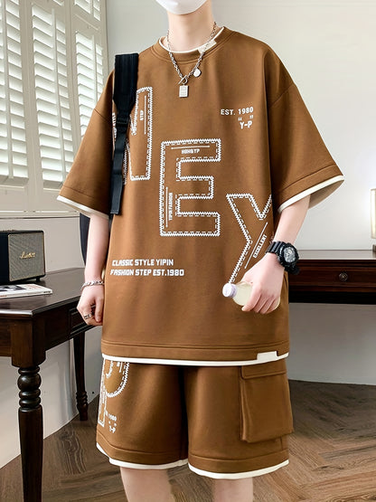 Pei Kuan's Choice Summer Men's Sports Suit Youth Student Casual Suit Two-piece Suit T-shirt Shorts Set Short Sleeve Shorts Set One Suit Breathable and Comfortable Sweat Absorbent