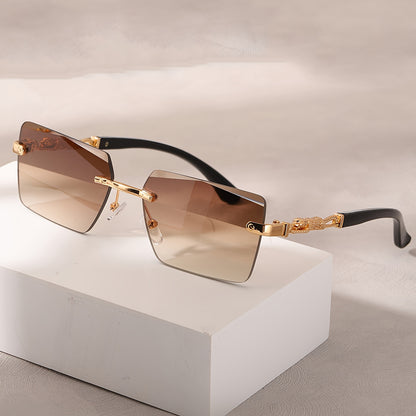 A pair of fashionable glasses with a retro style, featuring rimless leopard print temples and a compact trendy frame