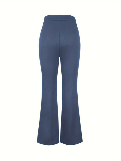 Elegant Women's Navy Blue Straight-Leg Pants with Golden Metal Accent Buttons - Chic & Versatile, High-Waisted, Polyester Blend, Machine Washable - Perfect for Work & Everyday Elegance