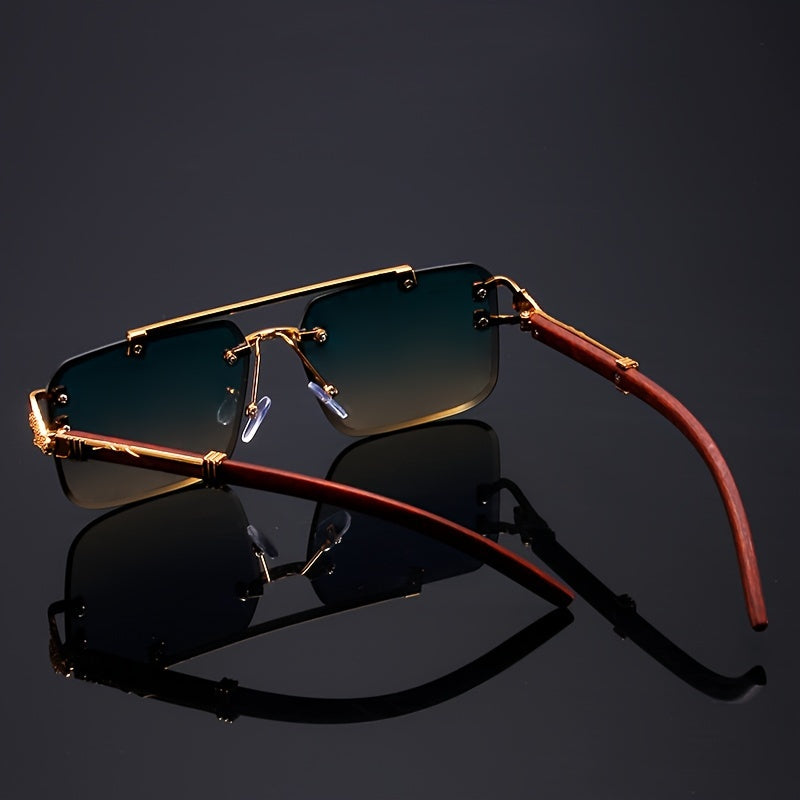 Elegant Rimless Pilot-Style Fashion Glasses for Men & Women - Golden Leopard Print with Green Gradient Lenses, Lightweight Metal Frame, Ideal for Beach Parties & Travel