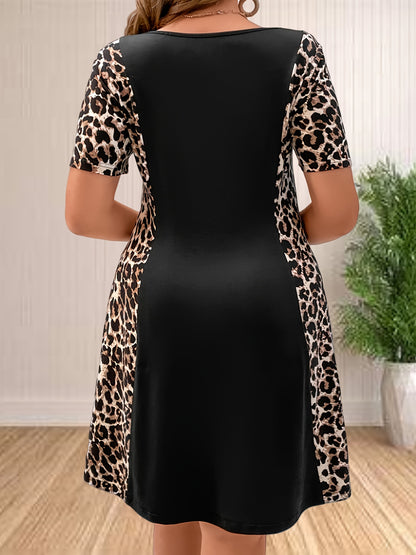 Plus Size Leopard Print Criss Cross Front Dress, Casual Short Sleeve Dress For Spring & Summer, Women's Plus Size Clothing