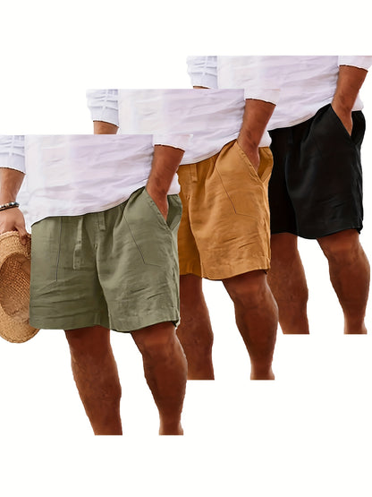 Men's Summer Cotton Drawstring Elastic Waist Straight-Leg Solid Color Breathable Casual Beach Shorts - 3pcs