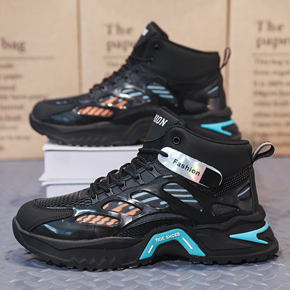 Fashion Mid-Top Sneakers for Men - Casual Street Style Athletic Shoes with Graphic Pattern, Lace-Up Closure, All-Season Round Toe Trainers with PU Upper, Fabric Lining & Insole, Anti-Slip PVC Sole