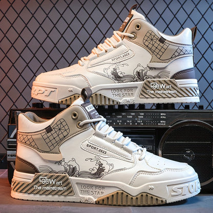 1pair Men'S Fashion Skateboarding Sneakers, High-Top Midsole with Lace-Up Closure, Faux Upper, Cartoon Wave Pattern, Comfortable Non-Slip PVC Sole, Breathable Fabric Lining, Casual Street Style Shoes for Outdoor Activities