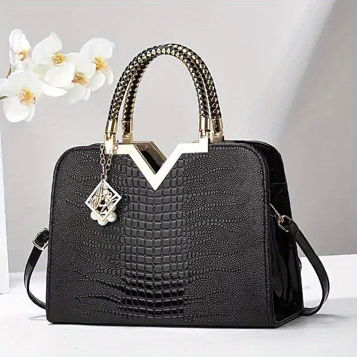 Elegant Tote Bag for Women, Large Capacity Crocodile Pattern Shoulder Bag, Lightweight with Zipper Closure, Polyester Lined, Versatile Fashion Accessory