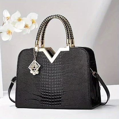 Elegant Tote Bag for Women, Large Capacity Crocodile Pattern Shoulder Bag, Lightweight with Zipper Closure, Polyester Lined, Versatile Fashion Accessory