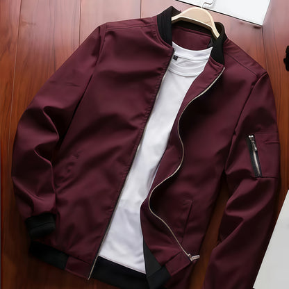 Men'S Casual Bomber Jacket - Maroon Zip-Up Baseball Coat with Black Trim, Long Sleeves, and Front Pockets for Casual Attire, Casual Outerwear | Stylish Casual Jacket | Polyester Lining