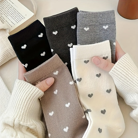 5 Pairs Women'S Heart Print Crew Socks, Polyester and Spandex Blend, Knit Fabric, Short Style, Casual Fashion, Non-Iron, Hand Wash - Black, White, Grey
