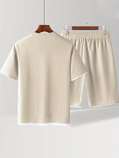 Waffle short-sleeved T-shirt Men's casual sports suit summer loose fake two-piece half-sleeve T-shirt set