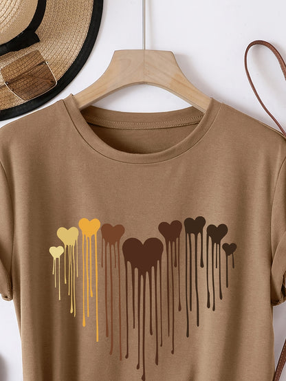 [Glossy Finish] Women's Casual Short Sleeve T-Shirt with Heart Print - Crew Neck, Lightweight Polyester, Brown with Multicolor Hearts Design, Perfect for Spring & Summer