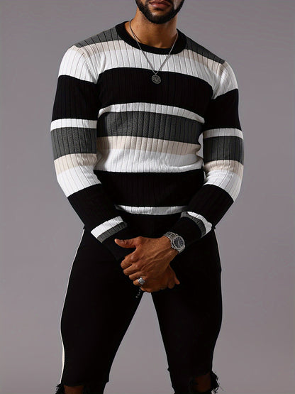 Men's Striped Color-Block Ribbed Knit Sweater - Long Sleeve Round Neck Pullover with Elastic Comfort Fit, Machine Washable Casual Fall Winter Top in Black/White/Green/Beige, Knit Sweater, Medium Elasticity