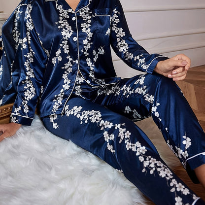 Women'S Vintage Elegant Floral Print Satin Pajama Set, Long Sleeve Top and Pants, Polyester 97% Elastane 3%, Lapel Collar, Woven, 90gsm, Fall/Winter Sleepwear