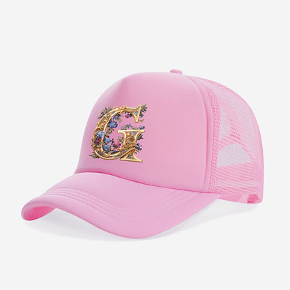 1-Pack Youngsters Trucker Hat with Golden Floral Letter A Design - Breathable Sun Protection, 100% Polyester, Adjustable Snap Closure, Pink for Spring/Summer Outdoor Play, Back to School, Thanksgiving, Teacher's Day (Ages 3-1