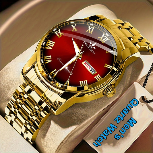 FOURRON Men'S Quartz Watch - Stainless Steel Band, Roman Numerals, Luminous, Waterproof, Ideal for Birthday & Holiday Gifts
