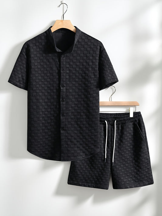 Men's Shirt and Shorts Set Solid Color Knit Casual Comfort High-Quality Short Two-Piece