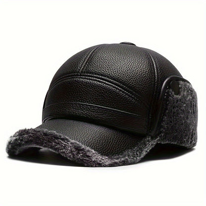 Street Style Men's Winter Cap with Ear Warmers, Faux Leather Earflap Hat for Elderly, Warm Duckbill Cap for Cold Weather