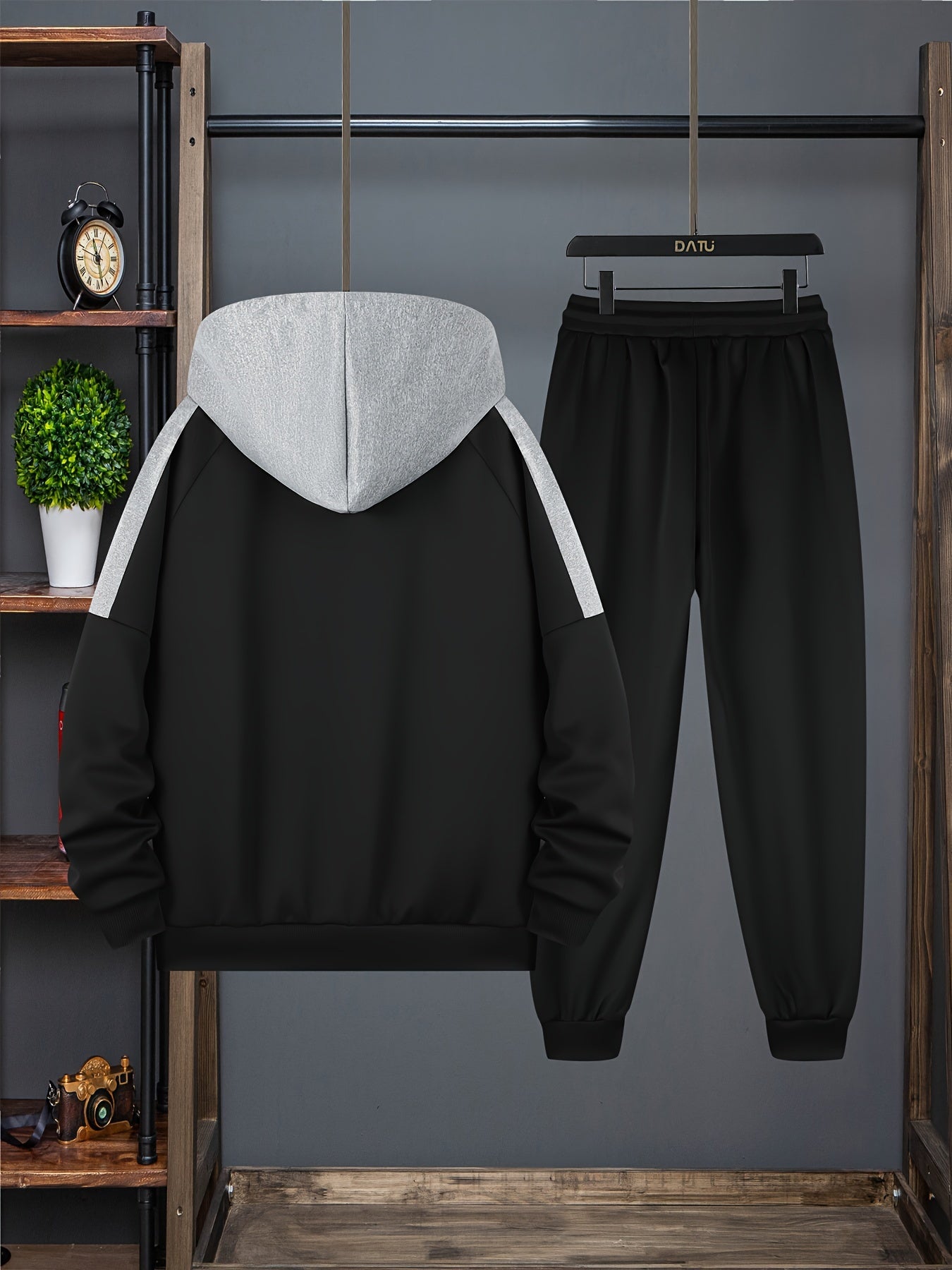 Men's Casual 2-Piece Outfit, Men's Stylish Zip-up Hoodie With Pockets, Color Block Drawstring Pants