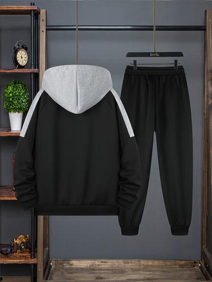 Men's Casual 2-Piece Outfit, Men's Stylish Zip-up Hoodie With Pockets, Color Block Drawstring Pants