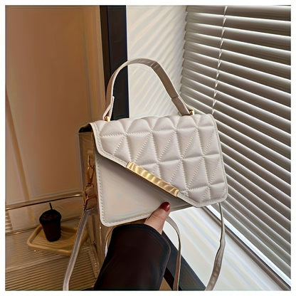 Diamond Quilted Pattern, Adjustable Shoulder Strap Fashion Small PU Crossbody Bag - White, Black, Khaki, Sky Blue, Messenger Bag, Lightweight, Removable Strap, Zipper Closure, Polyester Lining, No Printing, No Edge Paint