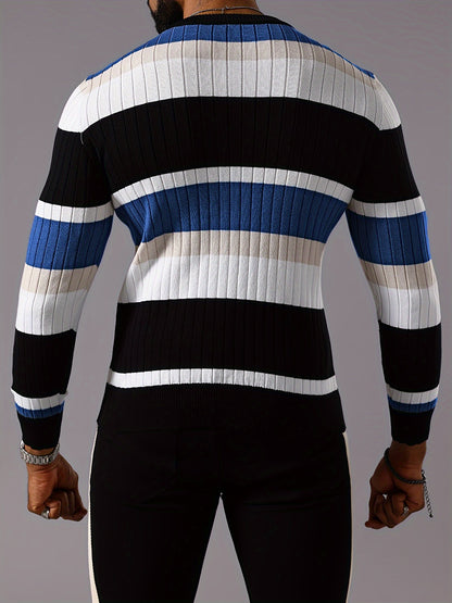 Men's Striped Color-Block Ribbed Knit Sweater - Long Sleeve Round Neck Pullover with Elastic Comfort Fit, Machine Washable Casual Fall Winter Top in Black/White/Green/Beige, Knit Sweater, Medium Elasticity