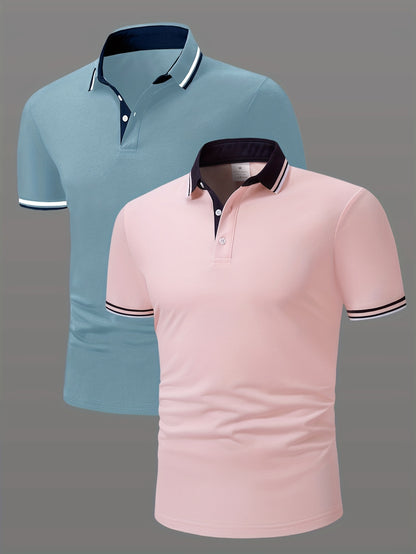 2pcs Men's Short-Sleeve Shirts with Contrast Collars - Lightweight Polyester, Pastel Blue & Pink, Turn- Collar, Button Closure, Regular Fit, Casual & Business-Casual Wear, Ideal for Summer or Gifting, Short Sleeve Tops