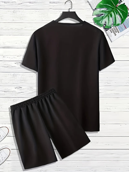 Men'S Casual 2pcs Set, Los Angeles Print, Short Sleeve Crew Neck T-Shirt & Knee-Length Shorts, Polyester & Spandex Blend, Comfortable Home Wear, All-Season Knit Fabric with Pockets, Regular Fit
