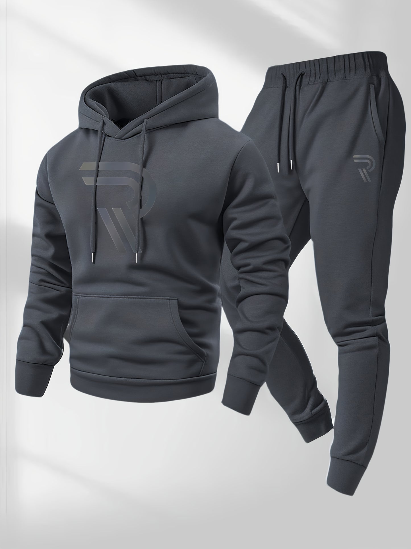 Men'S Sporty Two-Piece Hoodie and Pants Set - Gray with Black Logo, Non-Stretch Fabric, Regular Fit, Pockets, Ideal for Fall/Winter, Casual Wear|Hooded Sweatshirt|Pocketed Pants, Sweater Hoodie