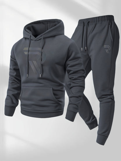 Men'S Sporty Two-Piece Hoodie and Pants Set - Gray with Black Logo, Non-Stretch Fabric, Regular Fit, Pockets, Ideal for Fall/Winter, Casual Wear|Hooded Sweatshirt|Pocketed Pants, Sweater Hoodie