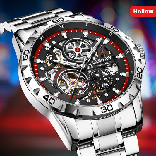 GLENAW Men's Automatic Skeleton Watch - Self-Winding Mechanical Watch with Flywheel Rotation, Transparent dial, Date Display, Stainless Steel Band - No Battery Needed, Wristwatch for Everyday & Formal Events - Ideal Gift for