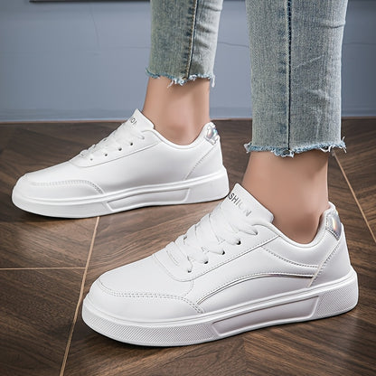 Youngsters' Fashion Sneakers - White PU Upper with Golden Accents, Comfortable & Lightweight Casual Running Shoes for Boys and Girls, All-Season Wear, Low-Top Lace-Up Design, Outdoor Youngsters's Footwear | Fabric Lined Inter
