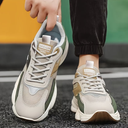 Men'S Casual Sports Shoes - Thick-Soled Lace-Up Sneakers with Synthetic Upper, Cushioned EVA Insole & PVC Sole for Outdoor Hiking, Running, Gym - All-Season Comfort in Beige/Black, Brown/White, Green/White, Versatile Trainers