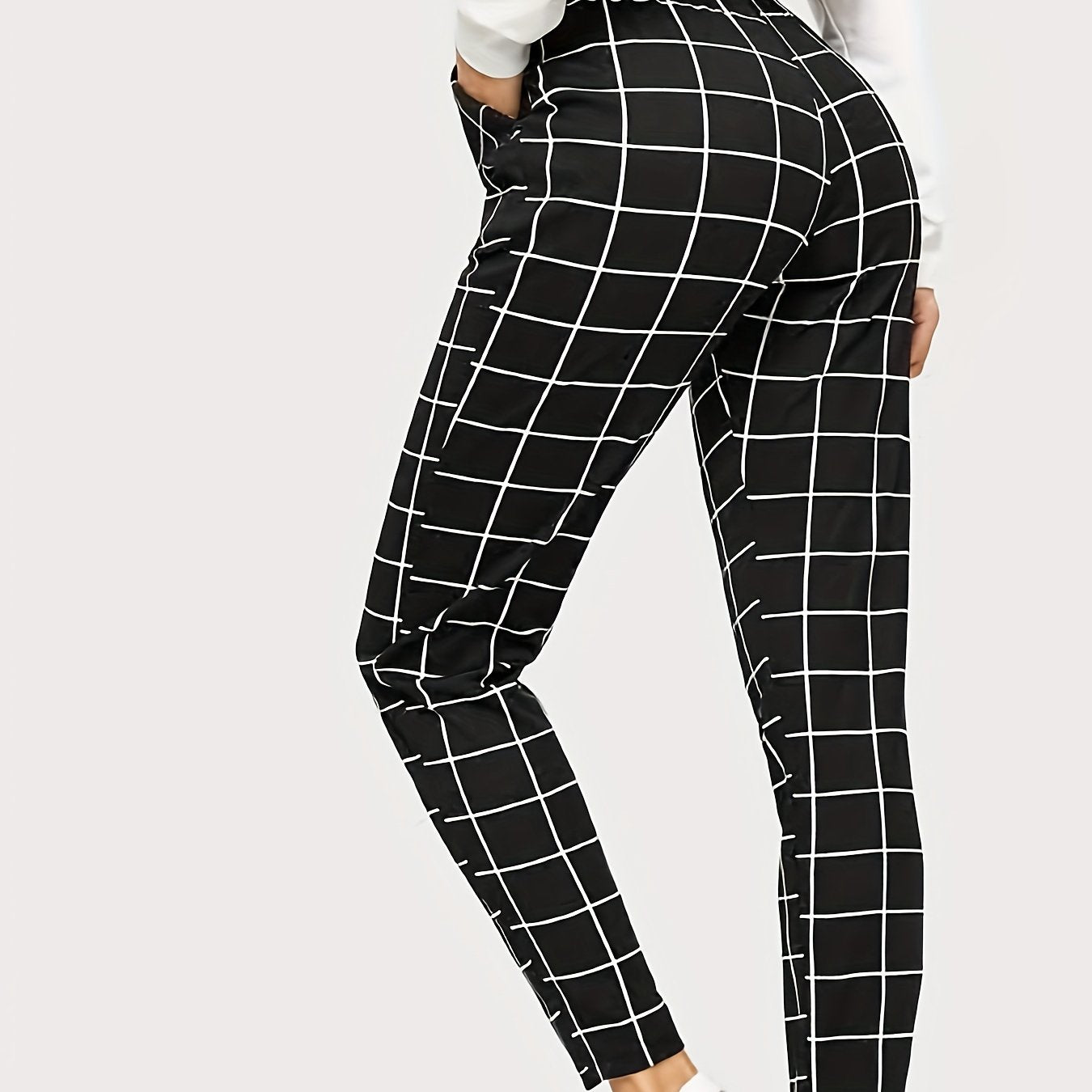 Plaid Print High Waist Pants Elegant Straight Leg Slants Pockets Pants, Women's Clothing