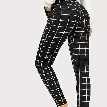 Plaid Print High Waist Pants Elegant Straight Leg Slants Pockets Pants, Women's Clothing