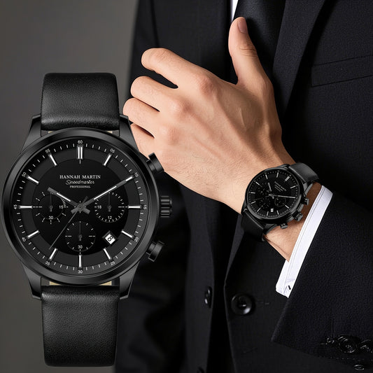 HANNAH MARTIN Men's 2025 Business Chronograph Watch - Black Arabic Numeral & Bar Markers, Date/Second Time Zone, Quartz Movement, Faux Leather Strap, High Quality 30m, Casual & Formal Watch for Casual Attire, Versatile Timepi