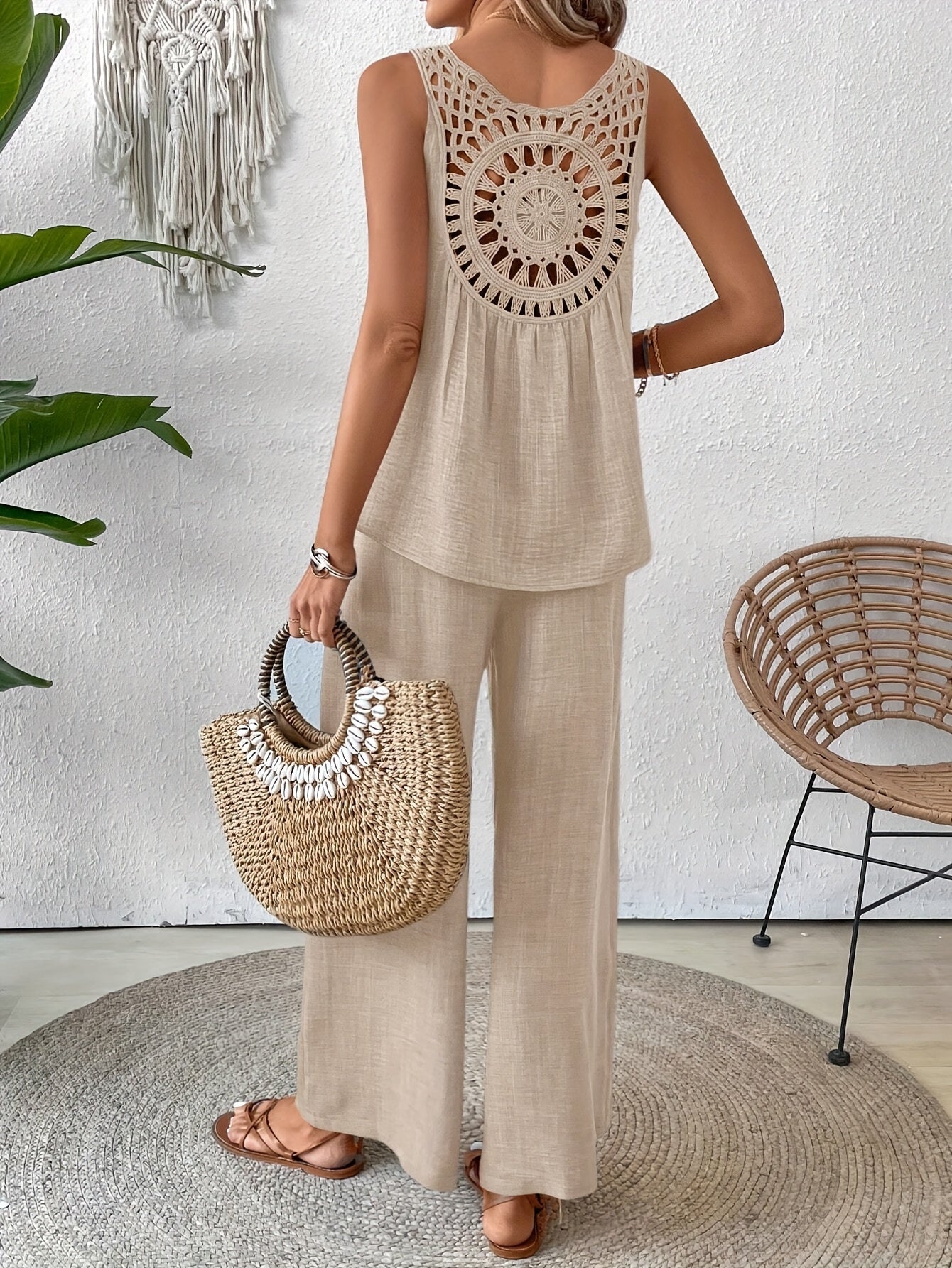 Women'S Summer Backless Cut-Out Panel Tank Top + Wide Leg Pants Set - Casual, Simple, Sleeveless, Polyester, Light Beige, Perfect for Spring/Summer, Casual Attire|Backless Top|Polyester Fabri
