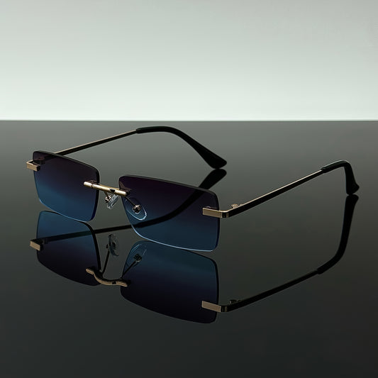 1 Pair of Men'S Metal Rectangular Rimless Glasses - Stylish Black Stainless Steel Frame with Blue-Tinted Lenses for Casual Streetwear, Parties & Gathering