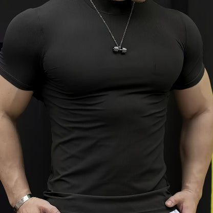 Men'S White Short Sleeve T-Shirt - Stretchy, Moisture-Wicking, Round Neck, Casual Fitness Wear for Summer, Sporty Style, Sportswear Tee | Sporty Neckline | Stretchy Fabric